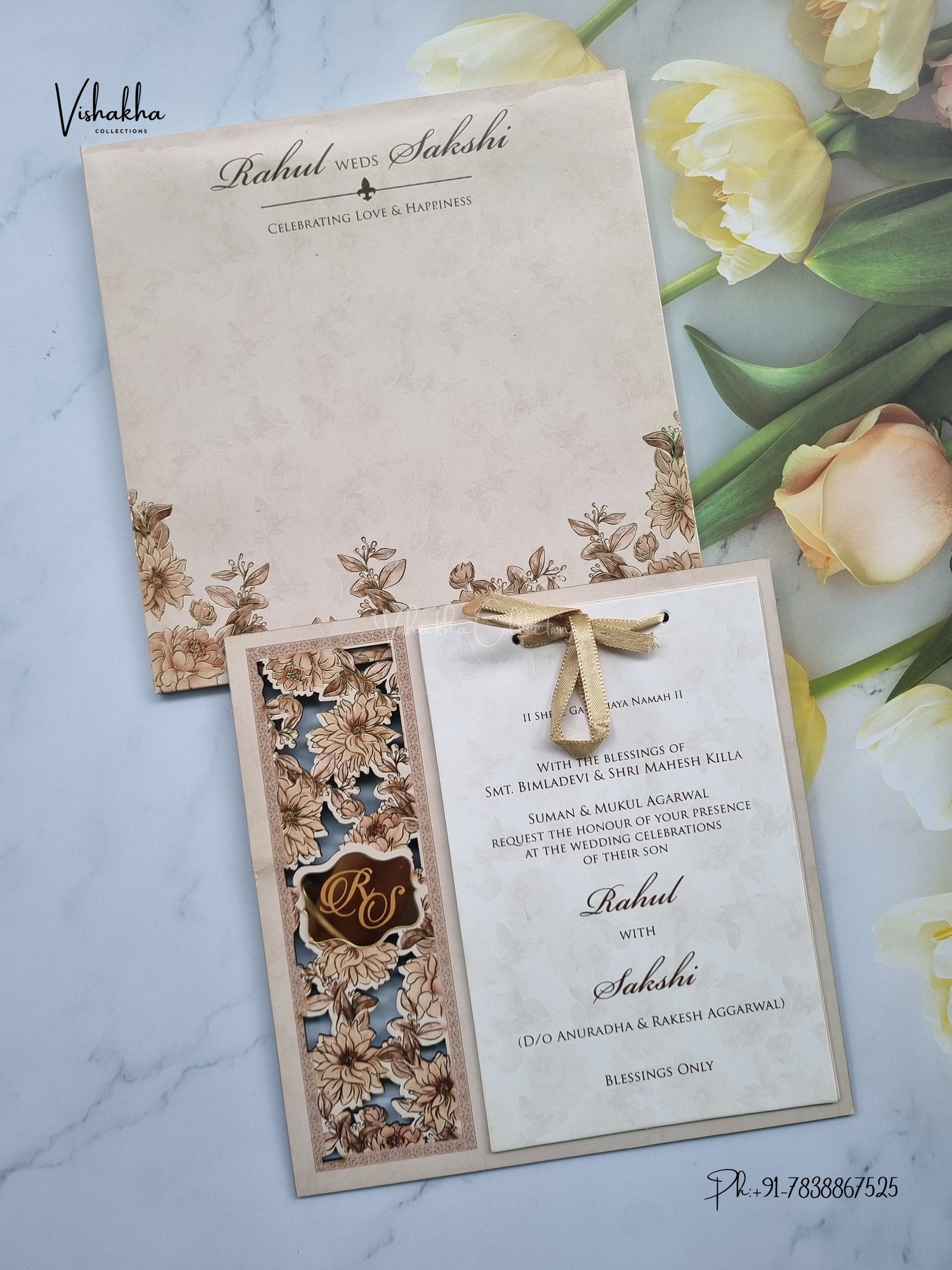 Semi Box MDF Board Laser Cut Flower Hindu Muslim Christian Sikh Jain invitation Cards SK-3291 – image 1