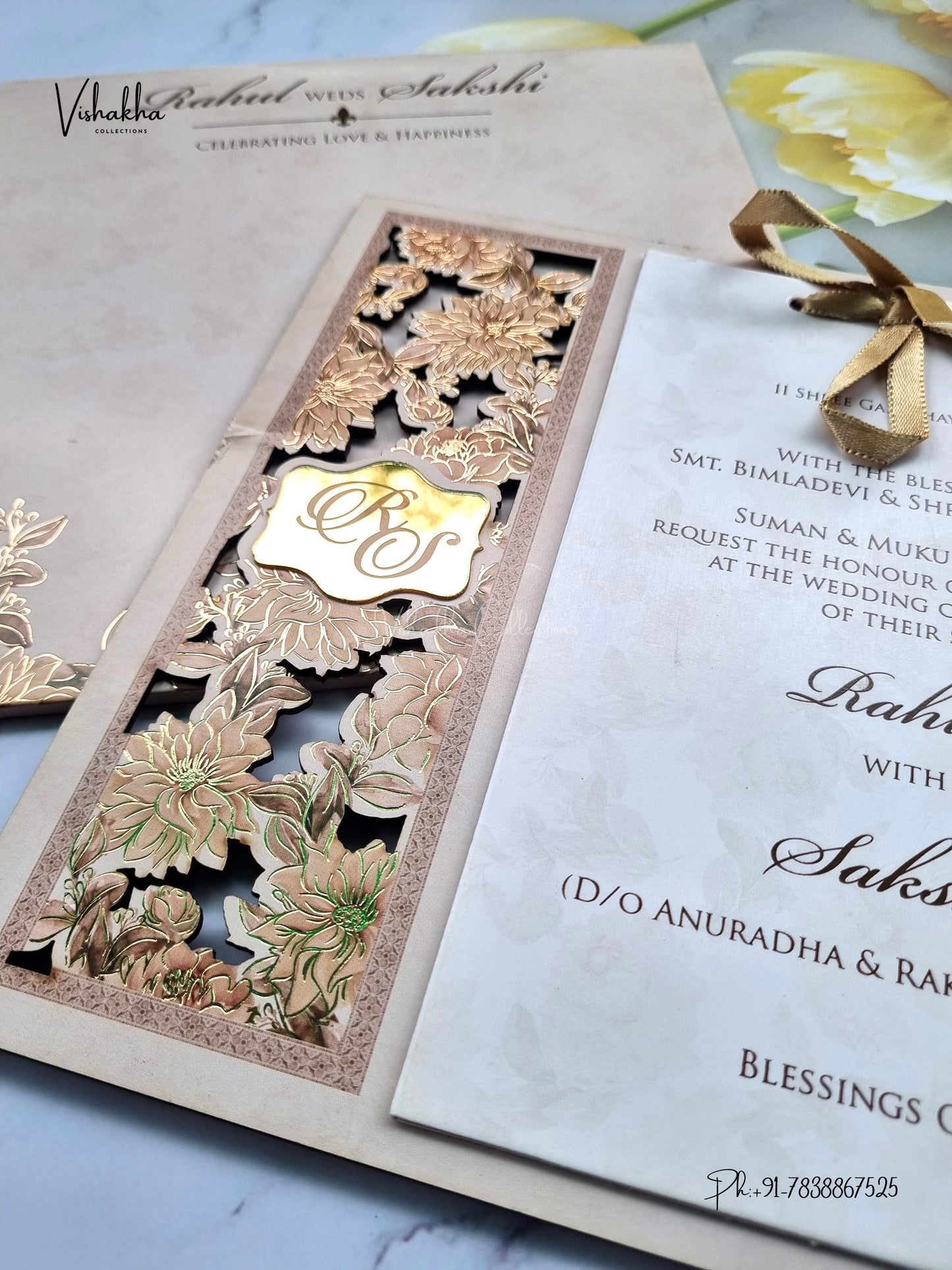 Semi Box MDF Board Laser Cut Flower Hindu Muslim Christian Sikh Jain invitation Cards SK-3291 – image 2