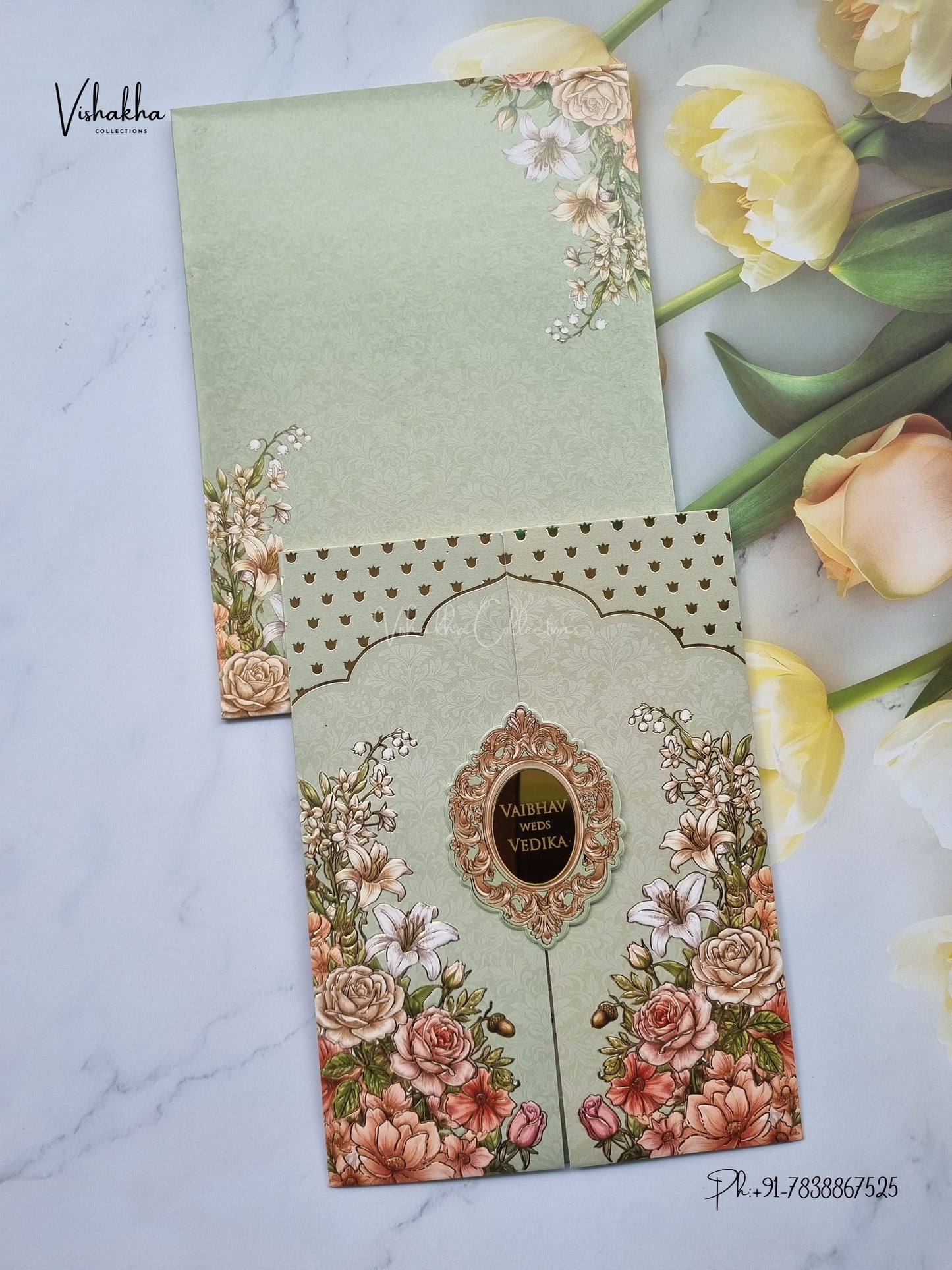 Double Door Flower Hindu Muslim Christian Sikh Jain invitation Cards SK-3562 – image 1
