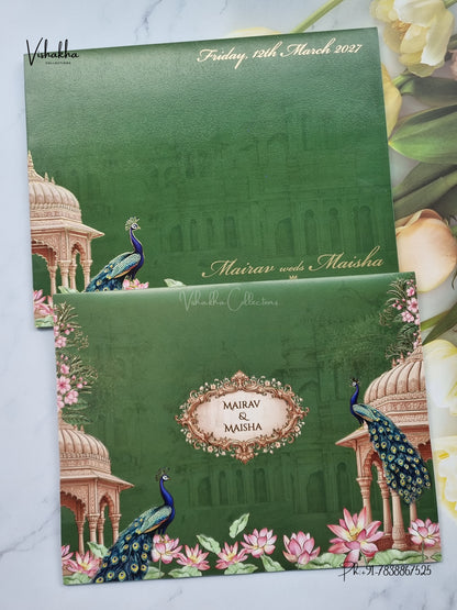 Semi Box Peacock Hindu Muslim Christian Sikh Jain invitation Cards SK-3571 – image 1