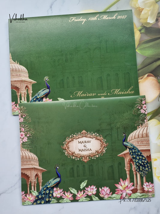 Semi Box Peacock Hindu Muslim Christian Sikh Jain invitation Cards SK-3571 – image 1