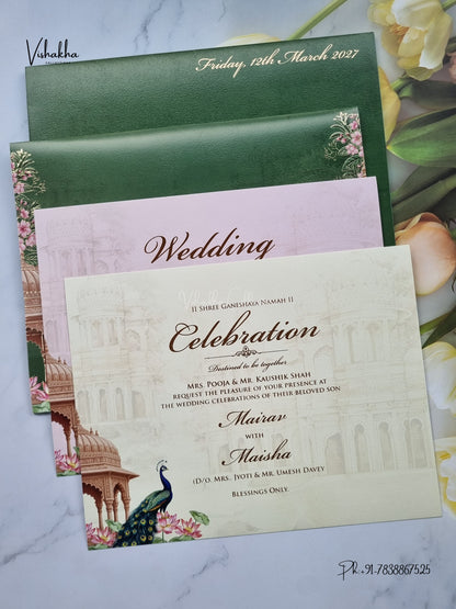 Semi Box Peacock Hindu Muslim Christian Sikh Jain invitation Cards SK-3571 – image 3