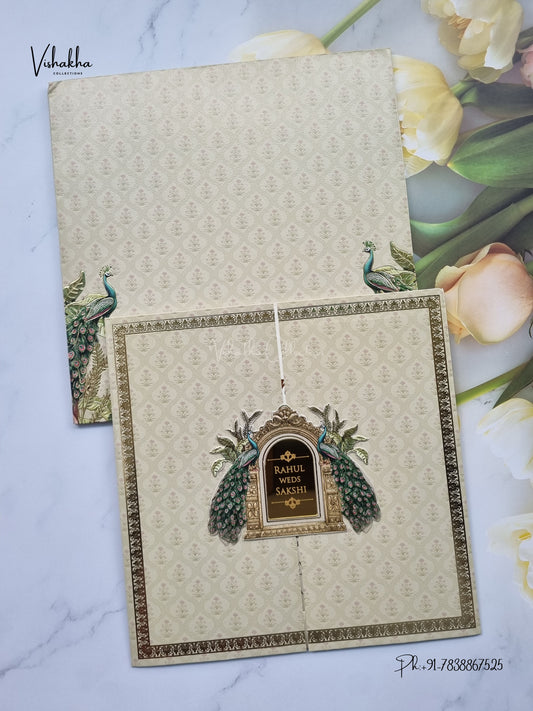 Semi Box Double Door Peacock Hindu Muslim Christian Sikh Jain invitation Cards SK-3581 – image 1