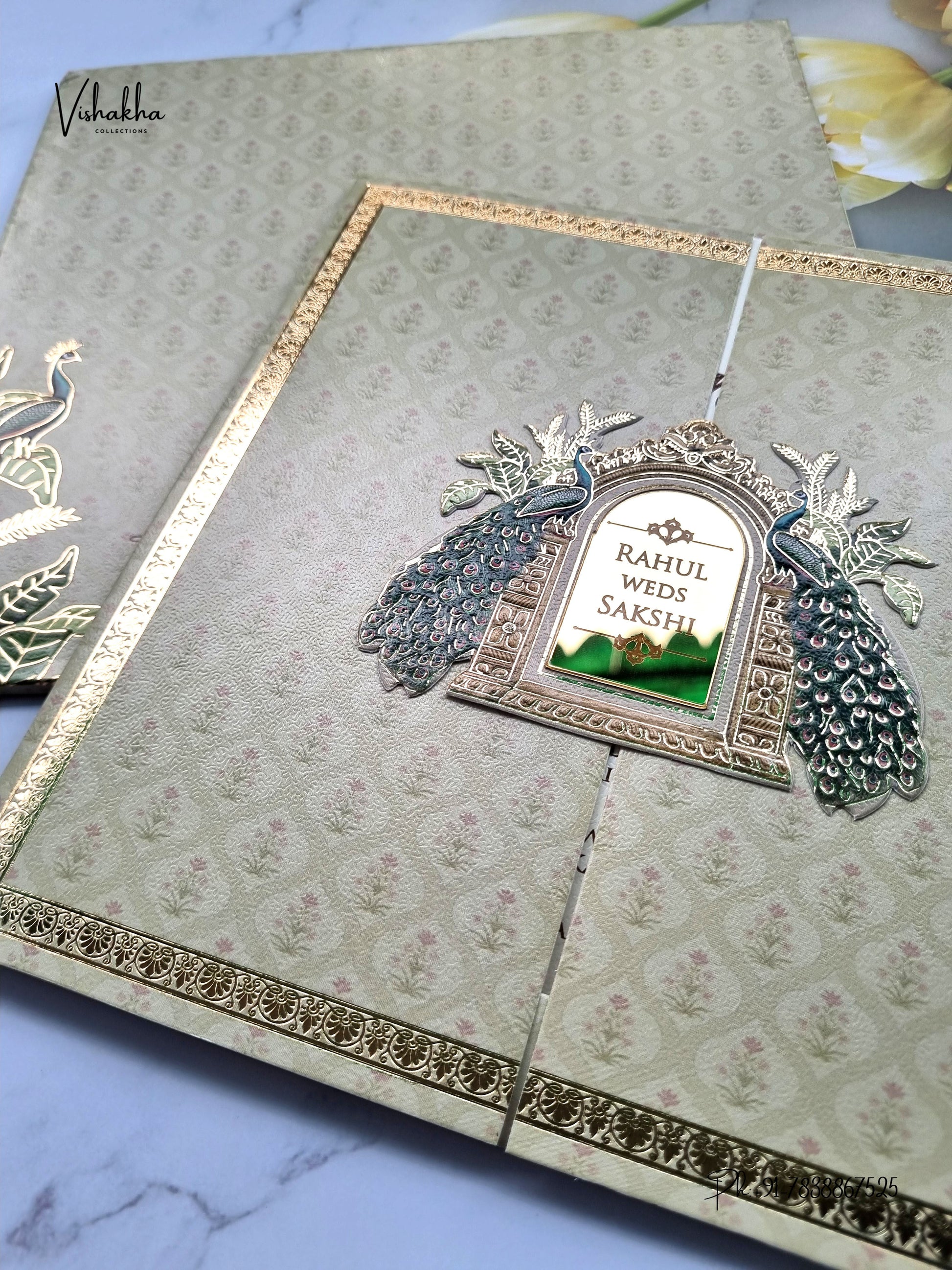 Semi Box Double Door Peacock Hindu Muslim Christian Sikh Jain invitation Cards SK-3581 – image 2