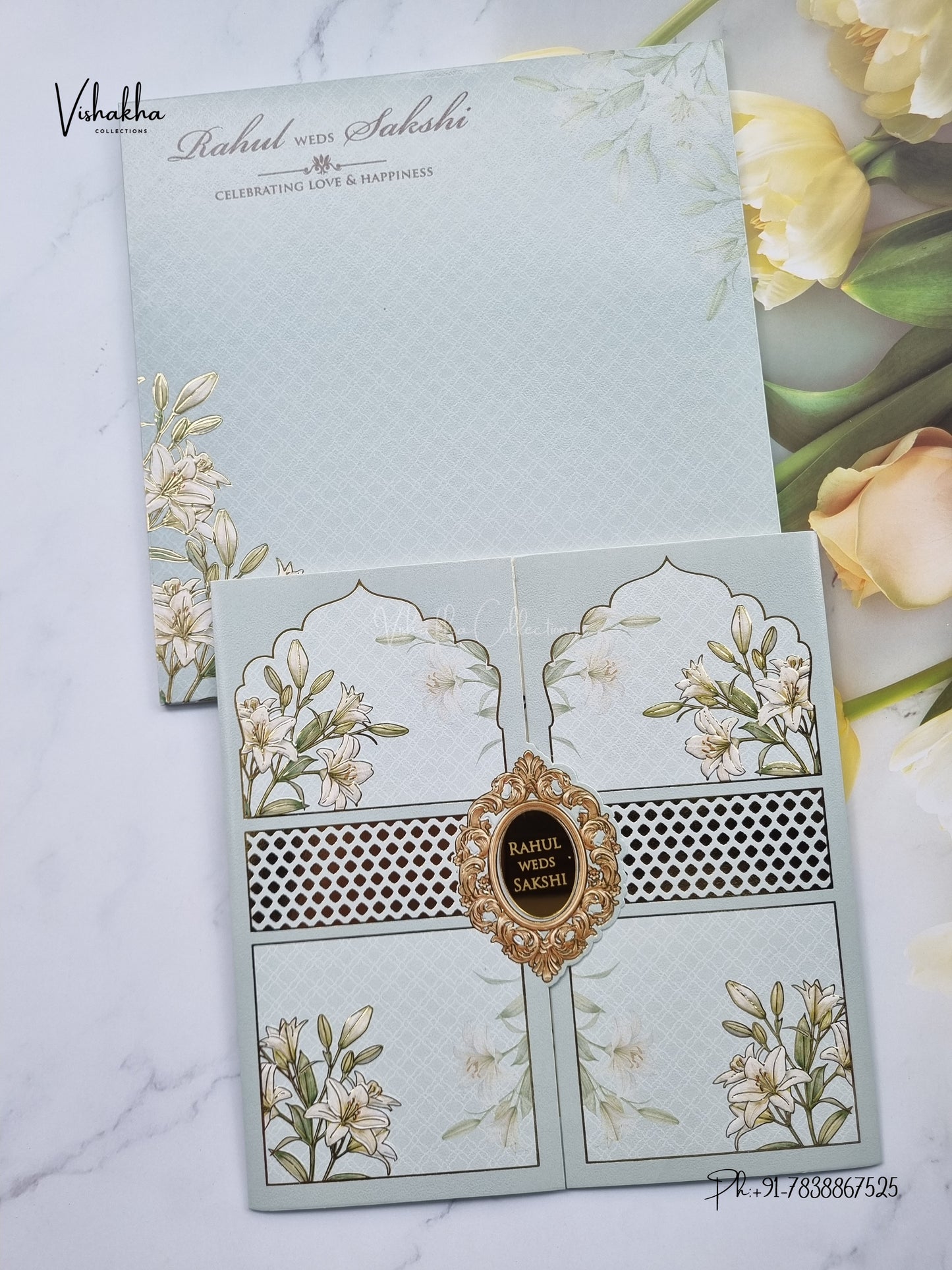 Semi Box Double Door Flower Hindu Muslim Christian Sikh Jain invitation Cards SK-3583 – image 1