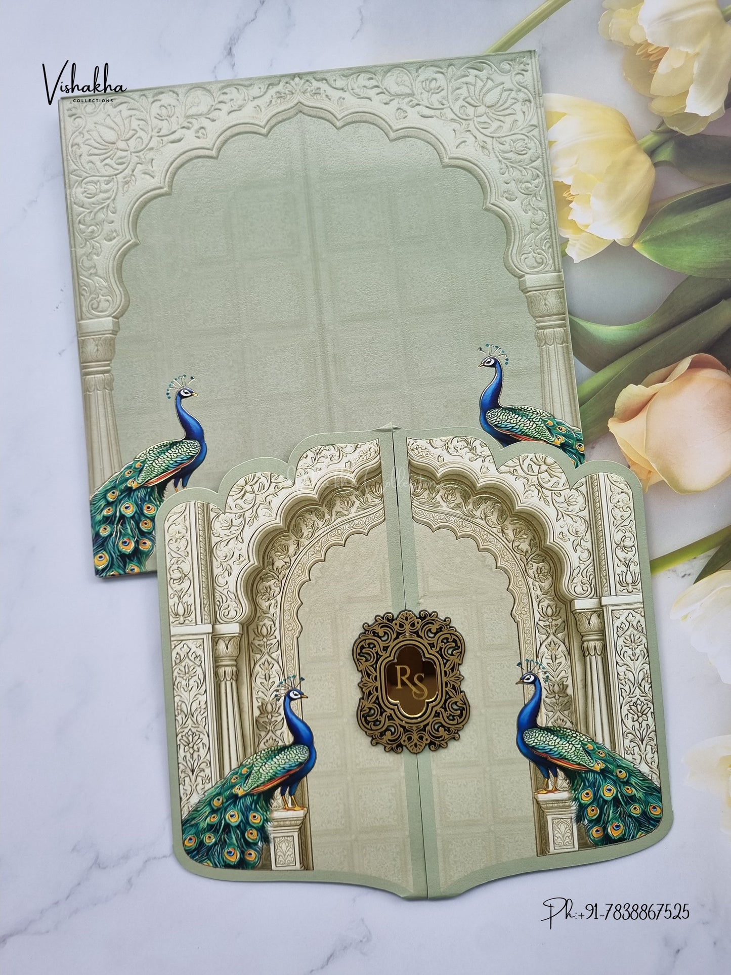 Semi Box Hexagon Double Door Peacock Hindu Muslim Christian Sikh Jain invitation Cards SK-3585 – image 1