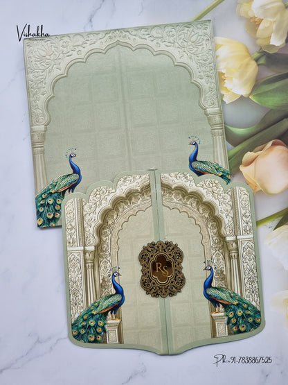 Semi Box Hexagon Double Door Peacock Hindu Muslim Christian Sikh Jain invitation Cards SK-3585 – image 1