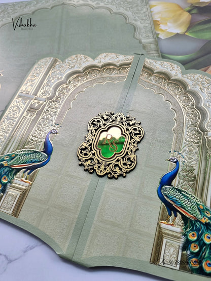 Semi Box Hexagon Double Door Peacock Hindu Muslim Christian Sikh Jain invitation Cards SK-3585 – image 2
