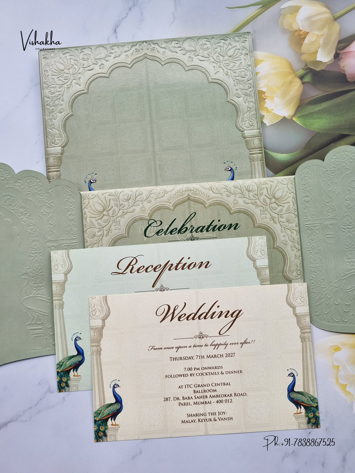 Semi Box Hexagon Double Door Peacock Hindu Muslim Christian Sikh Jain invitation Cards SK-3585 – image 3