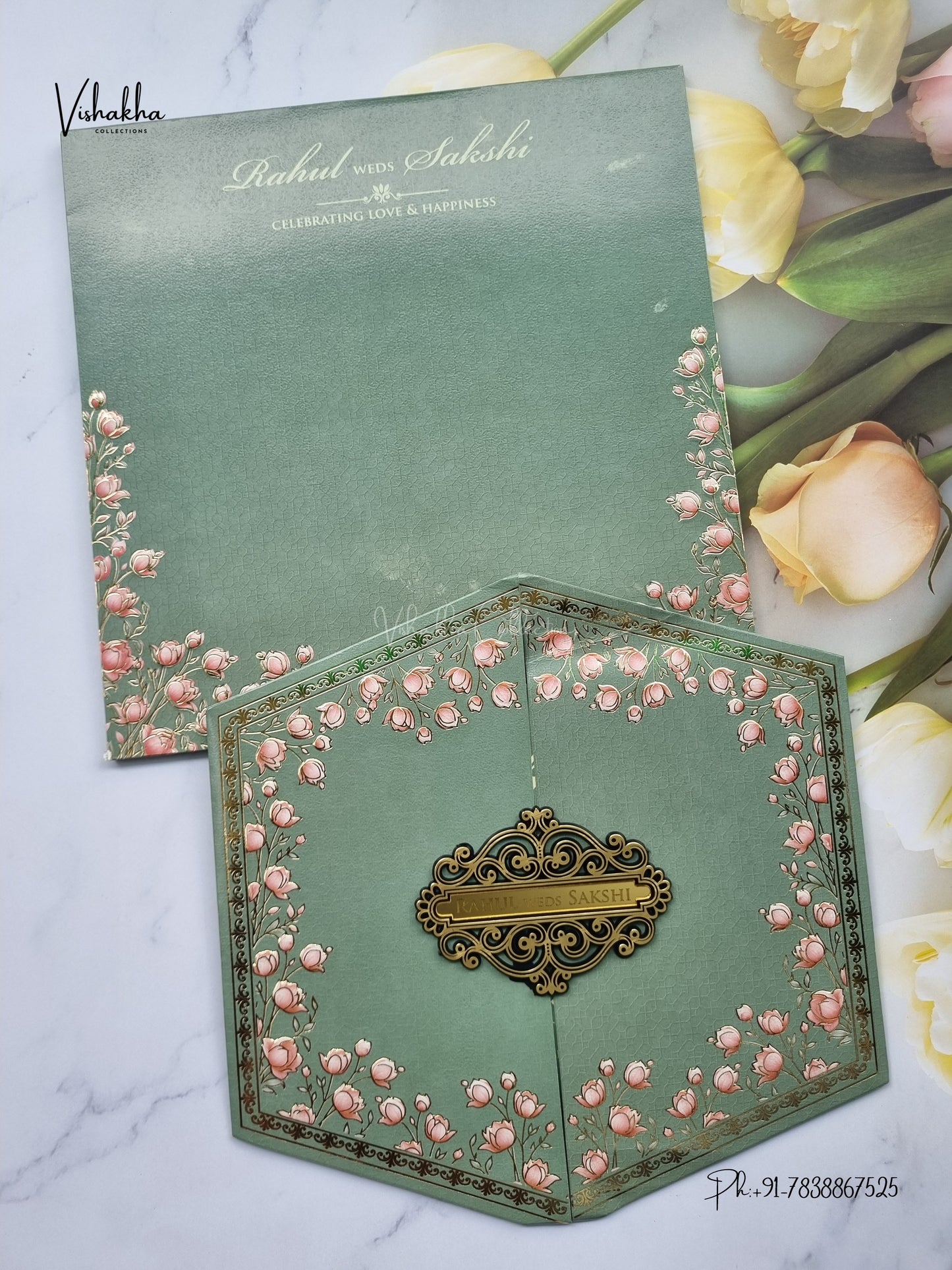 Semi Box Hexagon Double Door Lotus Hindu Muslim Christian Sikh Jain invitation Cards SK-3586 – image 1