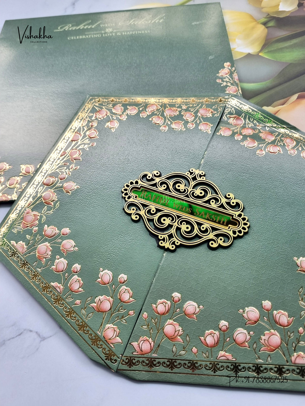 Semi Box Hexagon Double Door Lotus Hindu Muslim Christian Sikh Jain invitation Cards SK-3586 – image 2