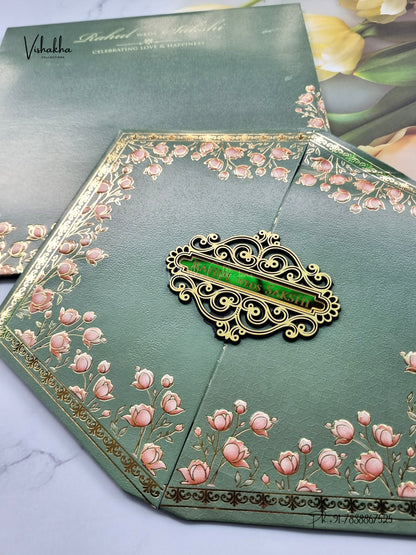 Semi Box Hexagon Double Door Lotus Hindu Muslim Christian Sikh Jain invitation Cards SK-3586 – image 2