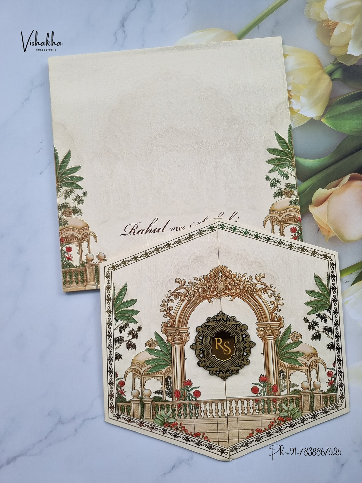 Semi Box Hexagon Double Door Banana Tree Hindu Muslim Christian Sikh Jain invitation Cards SK-3587 – image 1