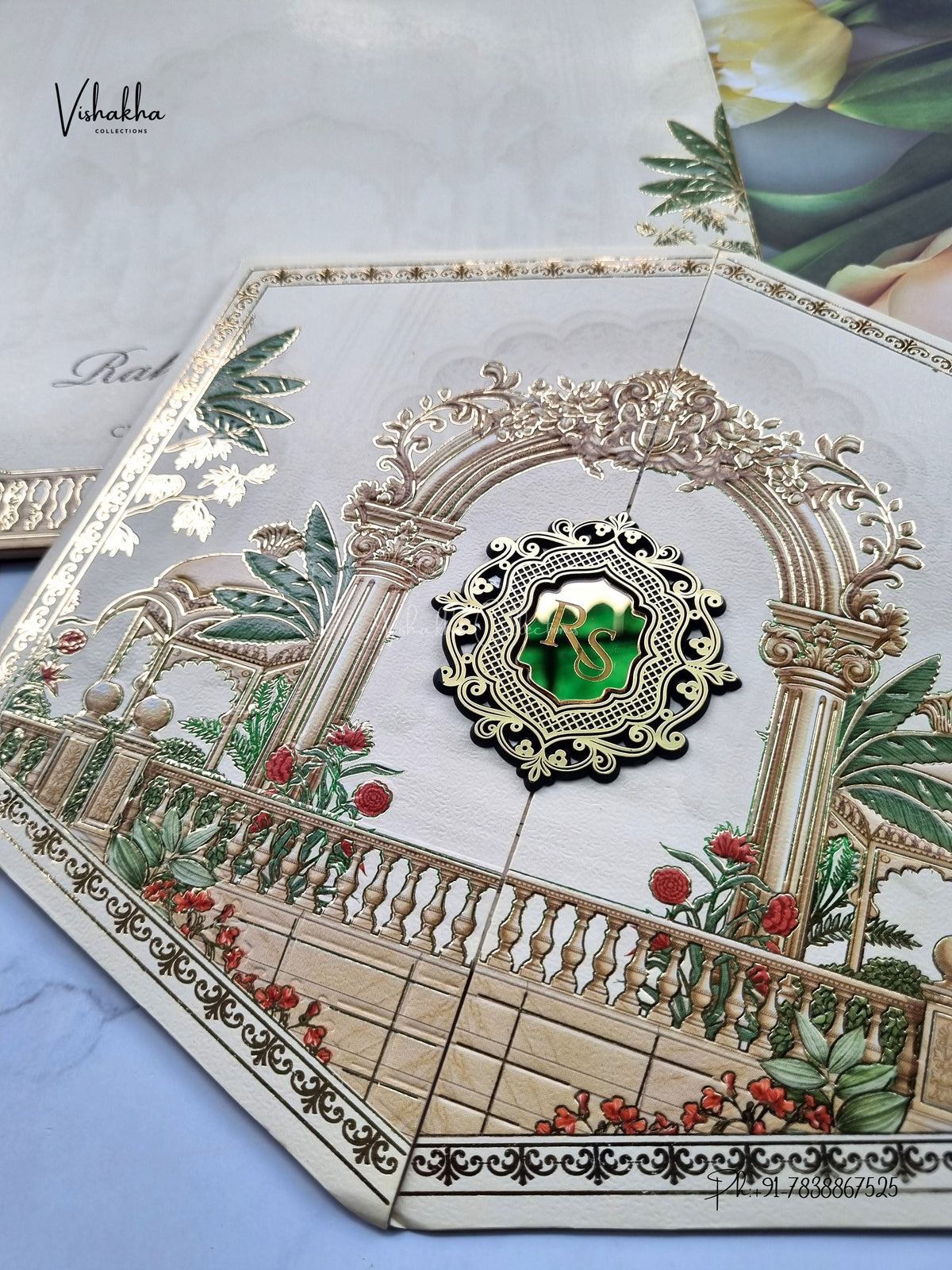 Semi Box Hexagon Double Door Banana Tree Hindu Muslim Christian Sikh Jain invitation Cards SK-3587 – image 2