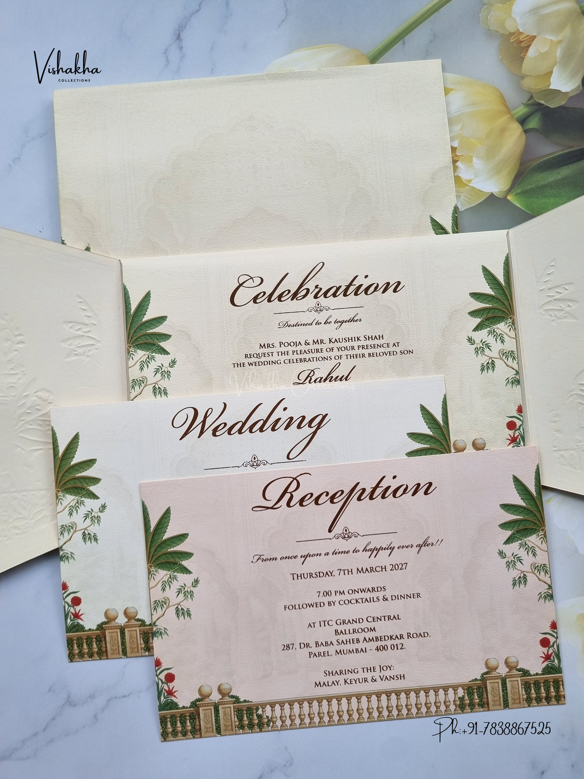 Semi Box Hexagon Double Door Banana Tree Hindu Muslim Christian Sikh Jain invitation Cards SK-3587 – image 3