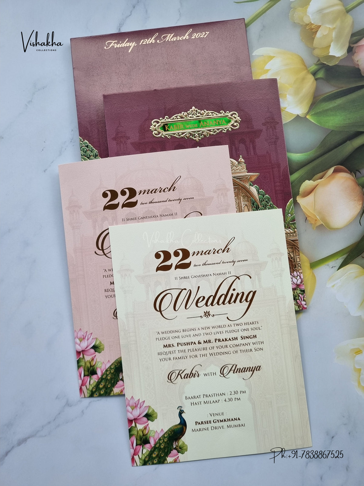 Semi Box Peacock Hindu Muslim Christian Sikh Jain invitation Cards SK-3591 – image 3