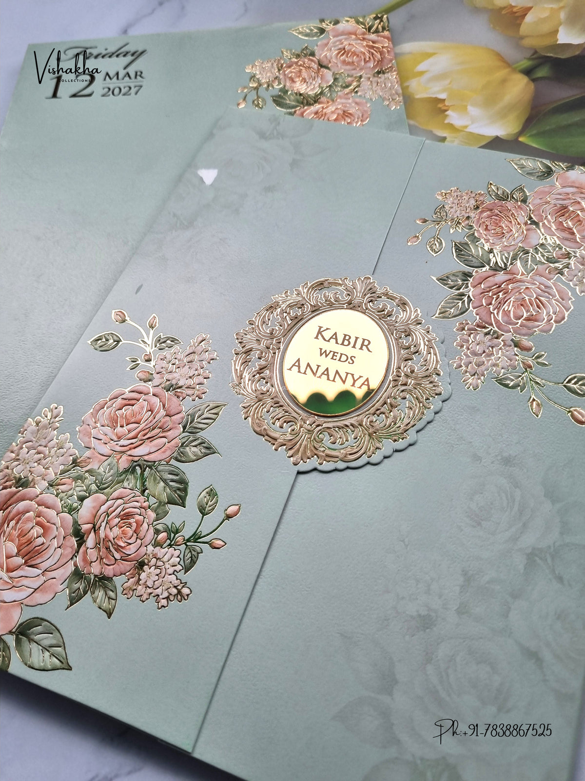 Semi Box Double Door Flower Hindu Muslim Christian Sikh Jain invitation Cards SK-3593 – image 2