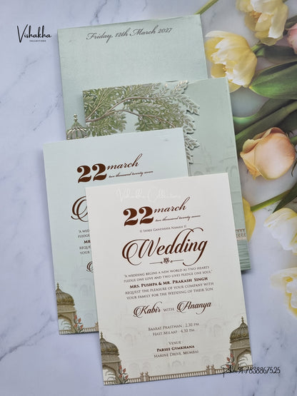 Semi Box Double Door Jharokha Hindu Muslim Christian Sikh Jain invitation Cards SK-3595 – image 3