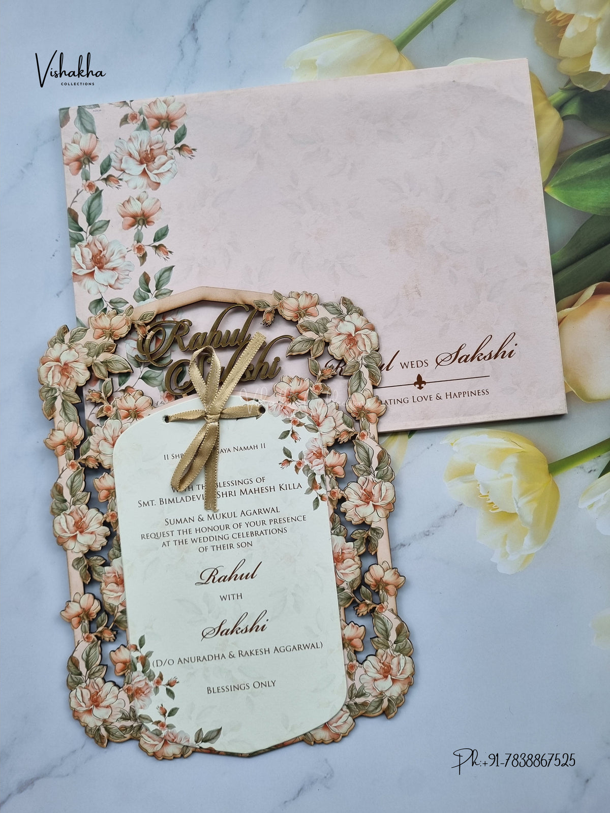 Semi Box MDF Board Laser Cut Flower Hindu Muslim Christian Sikh Jain invitation Cards SK-3596 – image 1