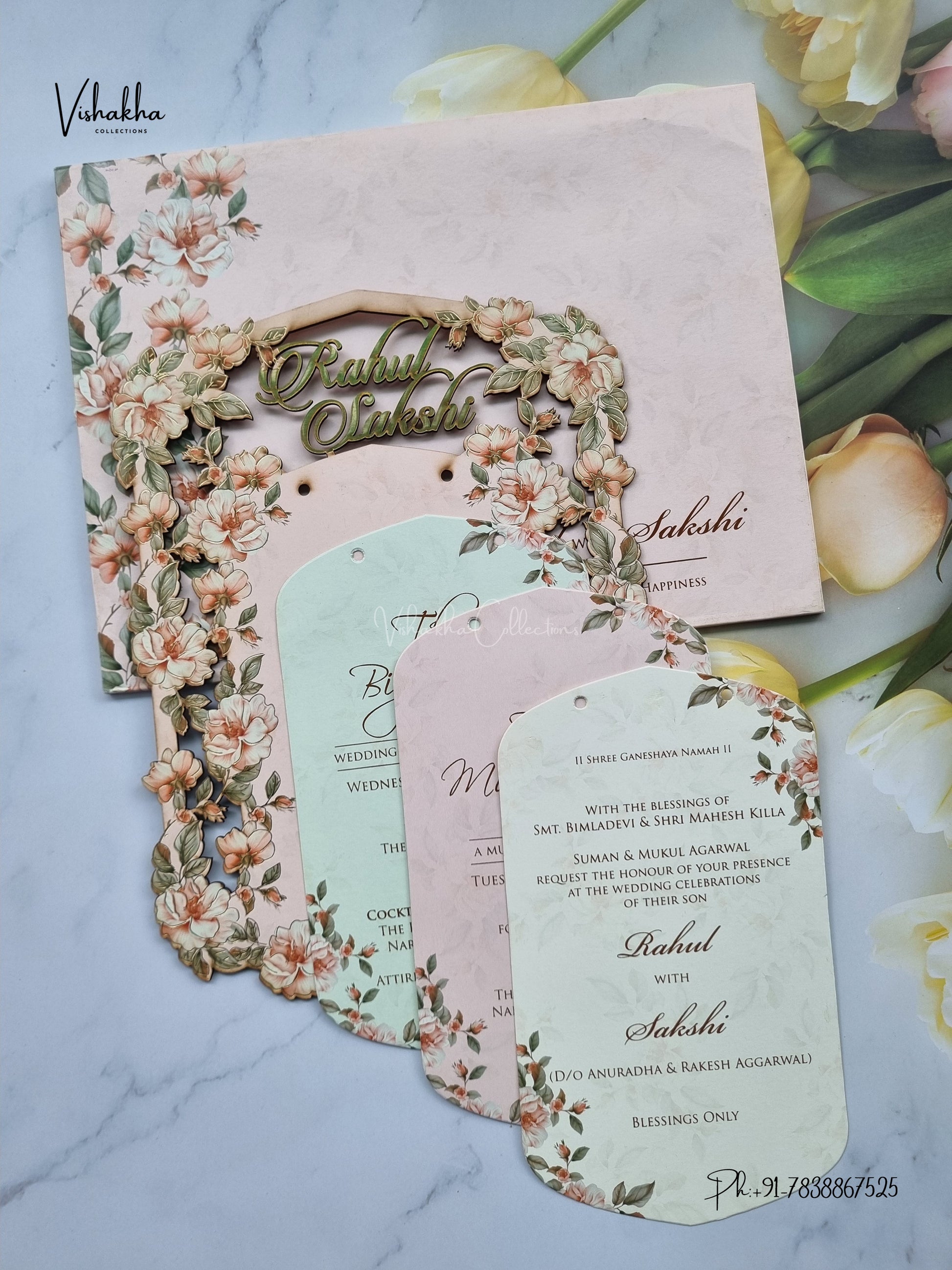 Semi Box MDF Board Laser Cut Flower Hindu Muslim Christian Sikh Jain invitation Cards SK-3596 – image 3
