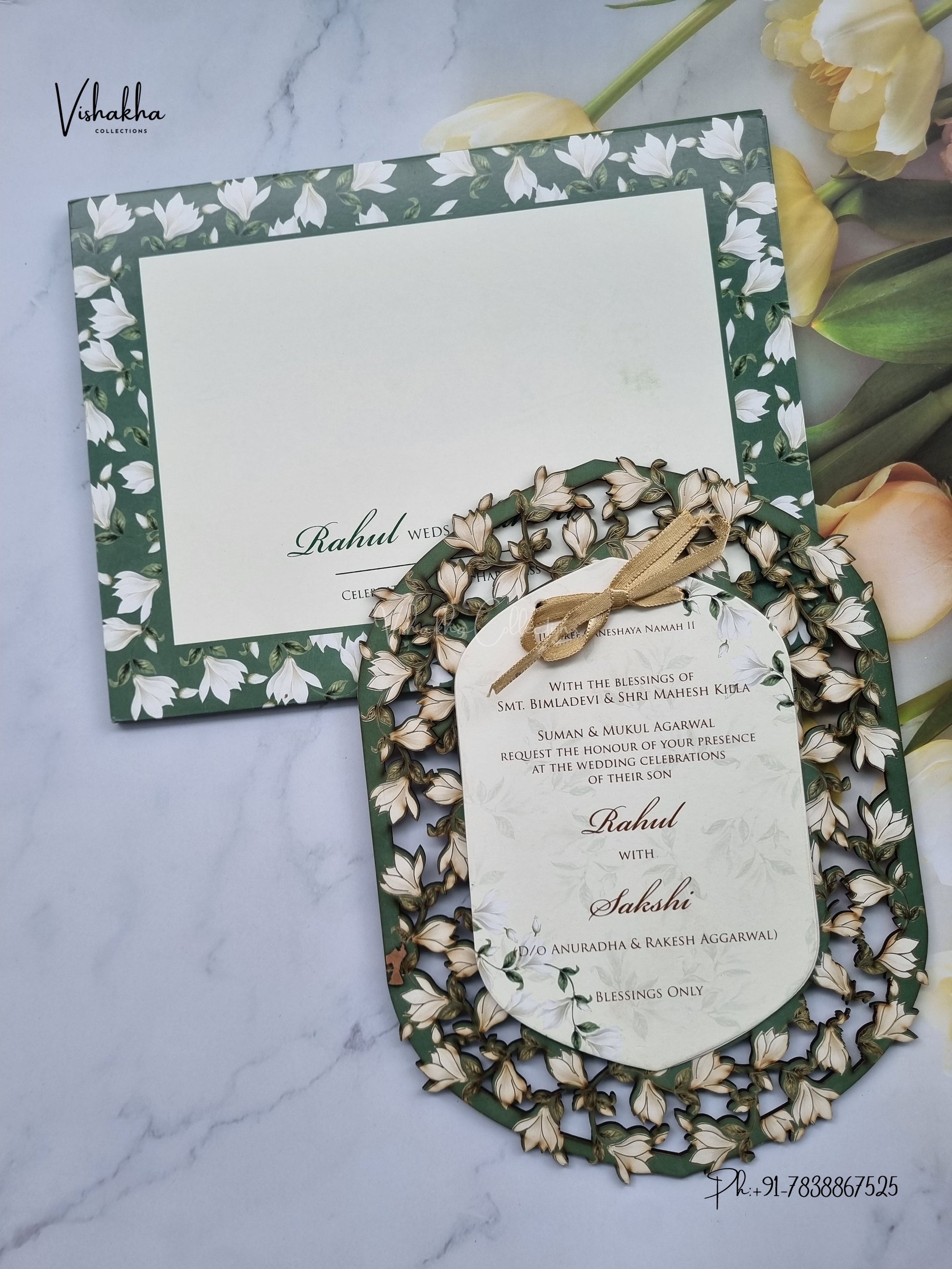 Semi Box MDF Board Laser Cut Flower Hindu Muslim Christian Sikh Jain invitation Cards SK-3597 – image 1