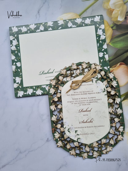Semi Box MDF Board Laser Cut Flower Hindu Muslim Christian Sikh Jain invitation Cards SK-3597 – image 1