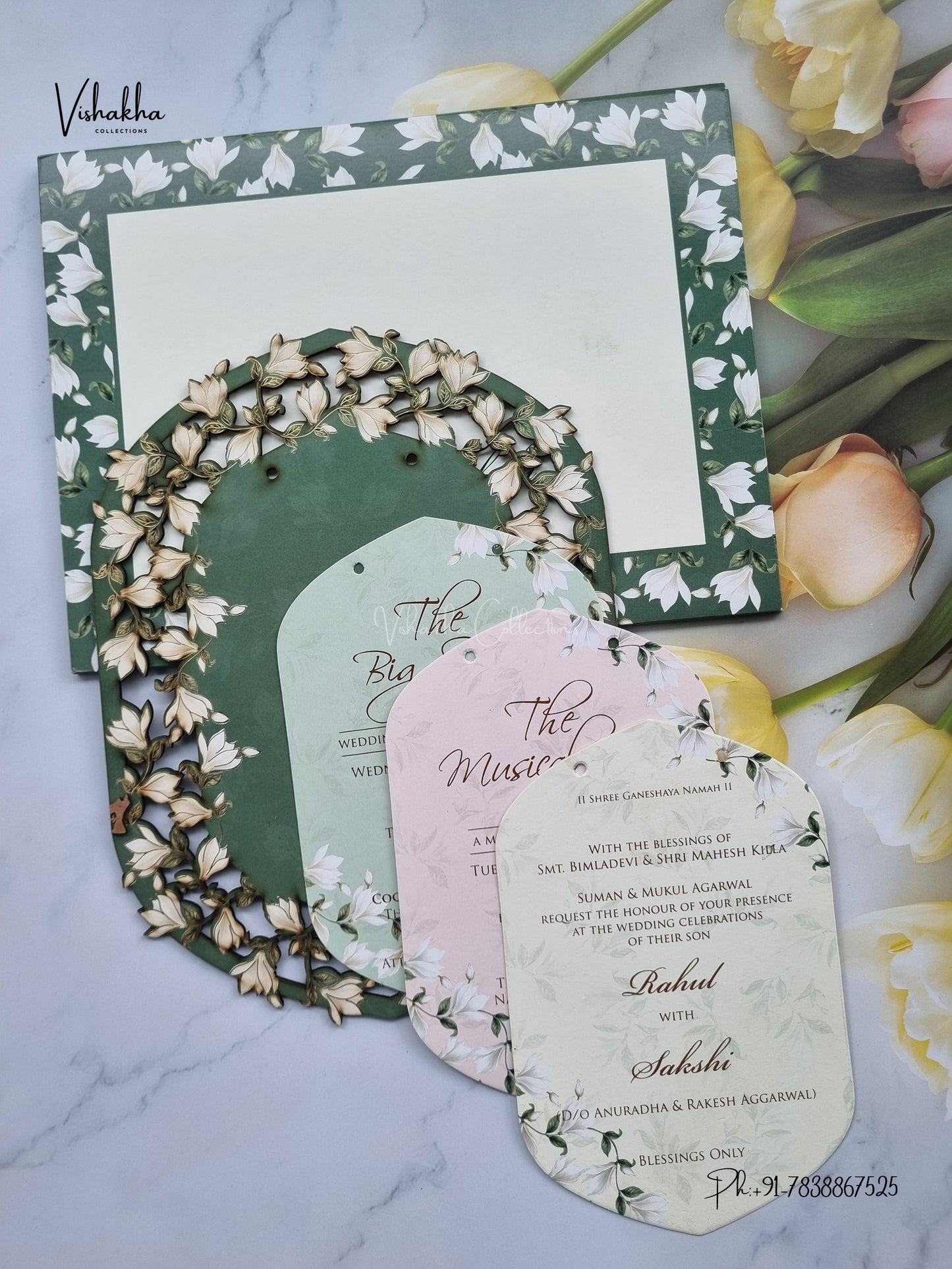 Semi Box MDF Board Laser Cut Flower Hindu Muslim Christian Sikh Jain invitation Cards SK-3597 – image 3