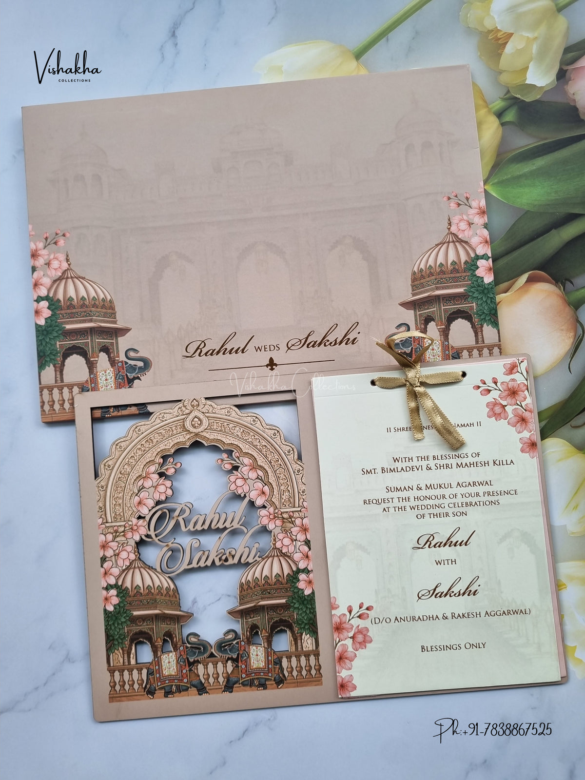 Semi Box MDF Board Laser Cut Flower Hindu Muslim Christian Sikh Jain invitation Cards SK-3598 – image 1