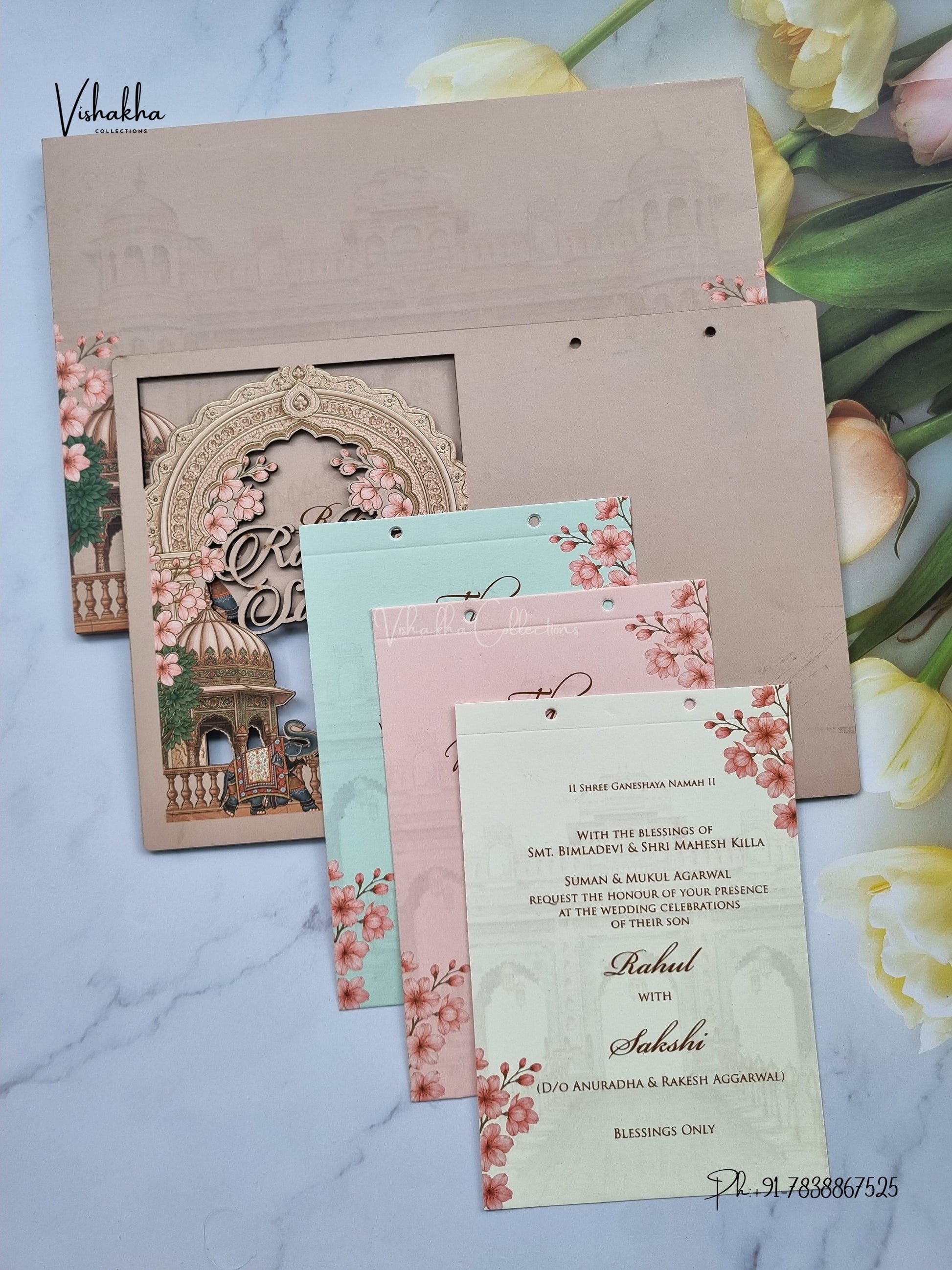 Semi Box MDF Board Laser Cut Flower Hindu Muslim Christian Sikh Jain invitation Cards SK-3598 – image 3