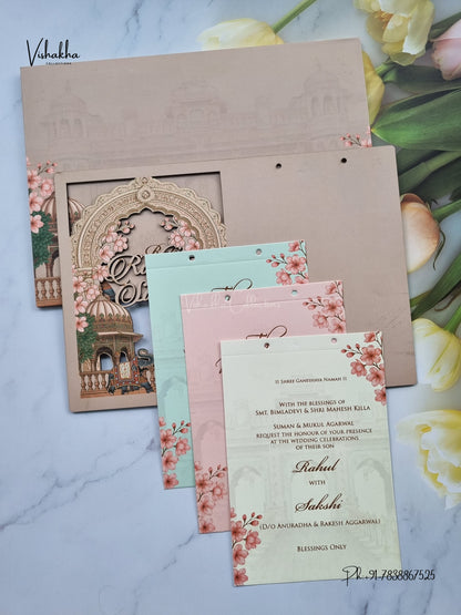 Semi Box MDF Board Laser Cut Flower Hindu Muslim Christian Sikh Jain invitation Cards SK-3598 – image 3
