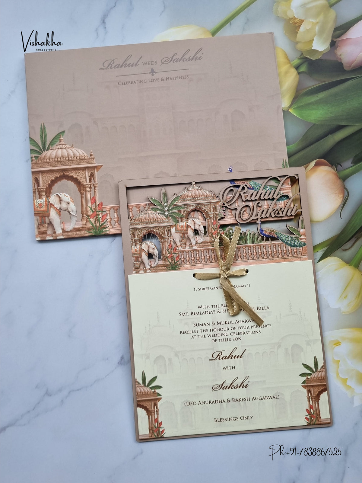 Semi Box MDF Board Laser Cut Hathi Peacock Hindu Muslim Christian Sikh Jain invitation Cards SK-3599 – image 1