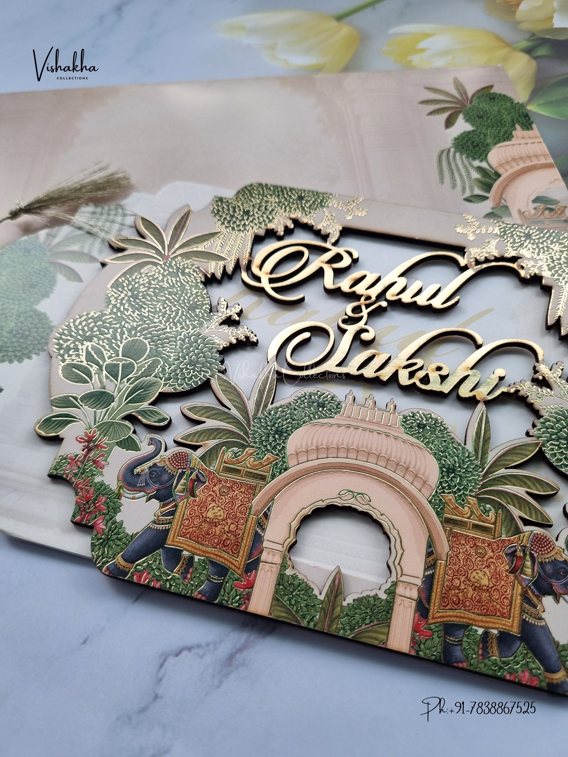 Semi Box MDF Board Laser Cut Flower Hindu Muslim Christian Sikh Jain invitation Cards SK-3600 – image 2