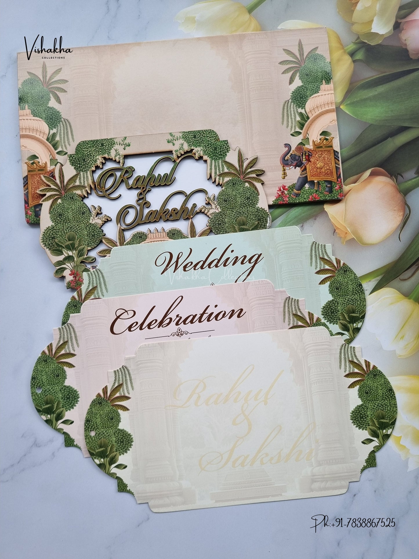 Semi Box MDF Board Laser Cut Flower Hindu Muslim Christian Sikh Jain invitation Cards SK-3600 – image 3