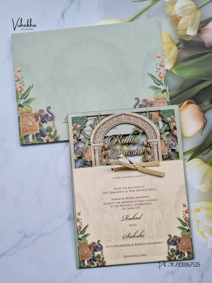 Semi Box MDF Board Laser Cut Hathi Hindu Muslim Christian Sikh Jain invitation Cards SK-3602 – image 1