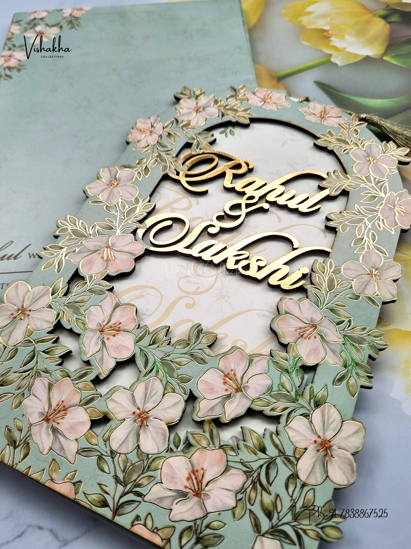 Semi Box MDF Board Laser Cut Flower Hindu Muslim Christian Sikh Jain invitation Cards SK-3604 – image 2