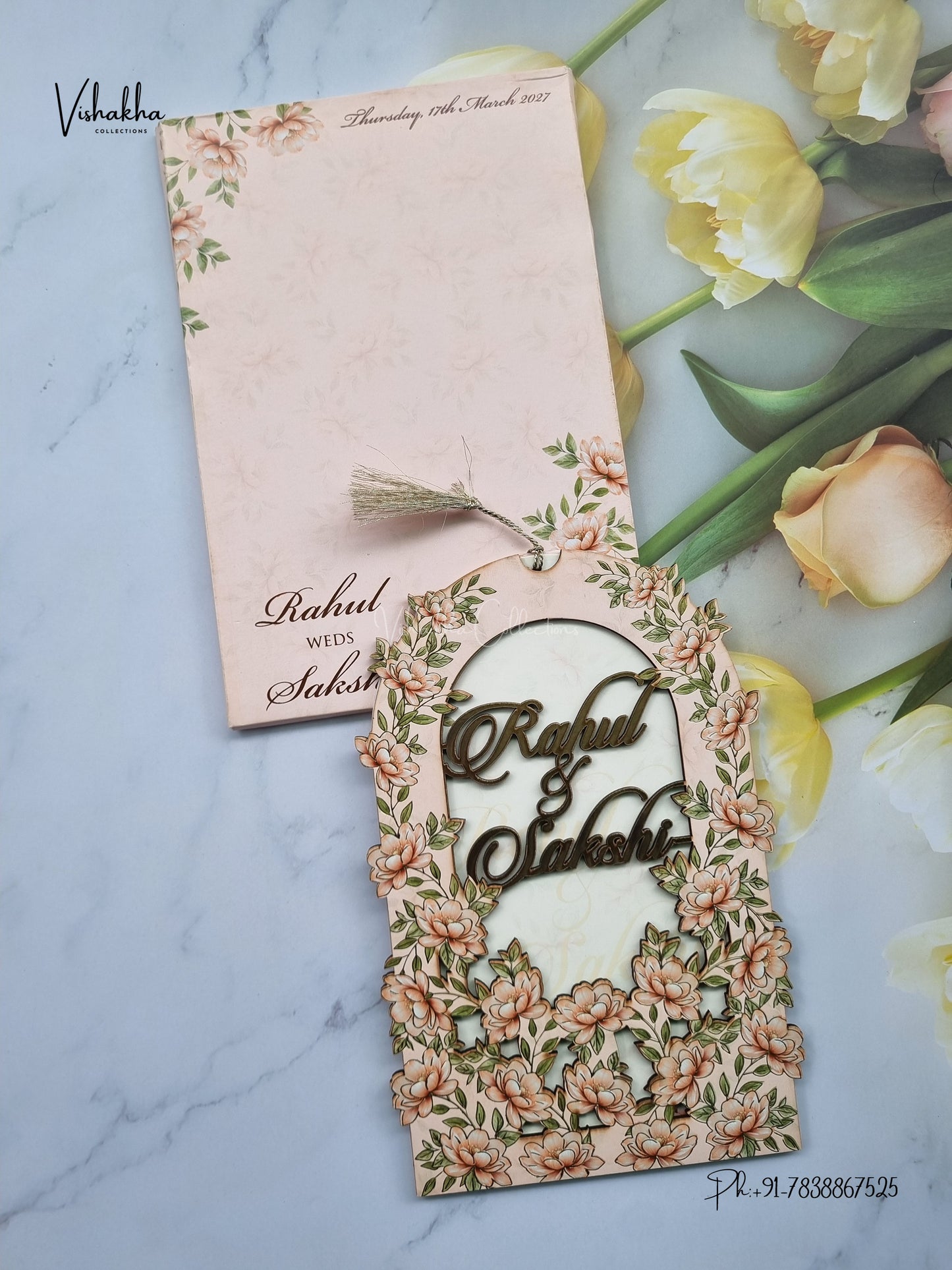 Semi Box MDF Board Laser Cut Flower Hindu Muslim Christian Sikh Jain invitation Cards SK-3605 – image 1