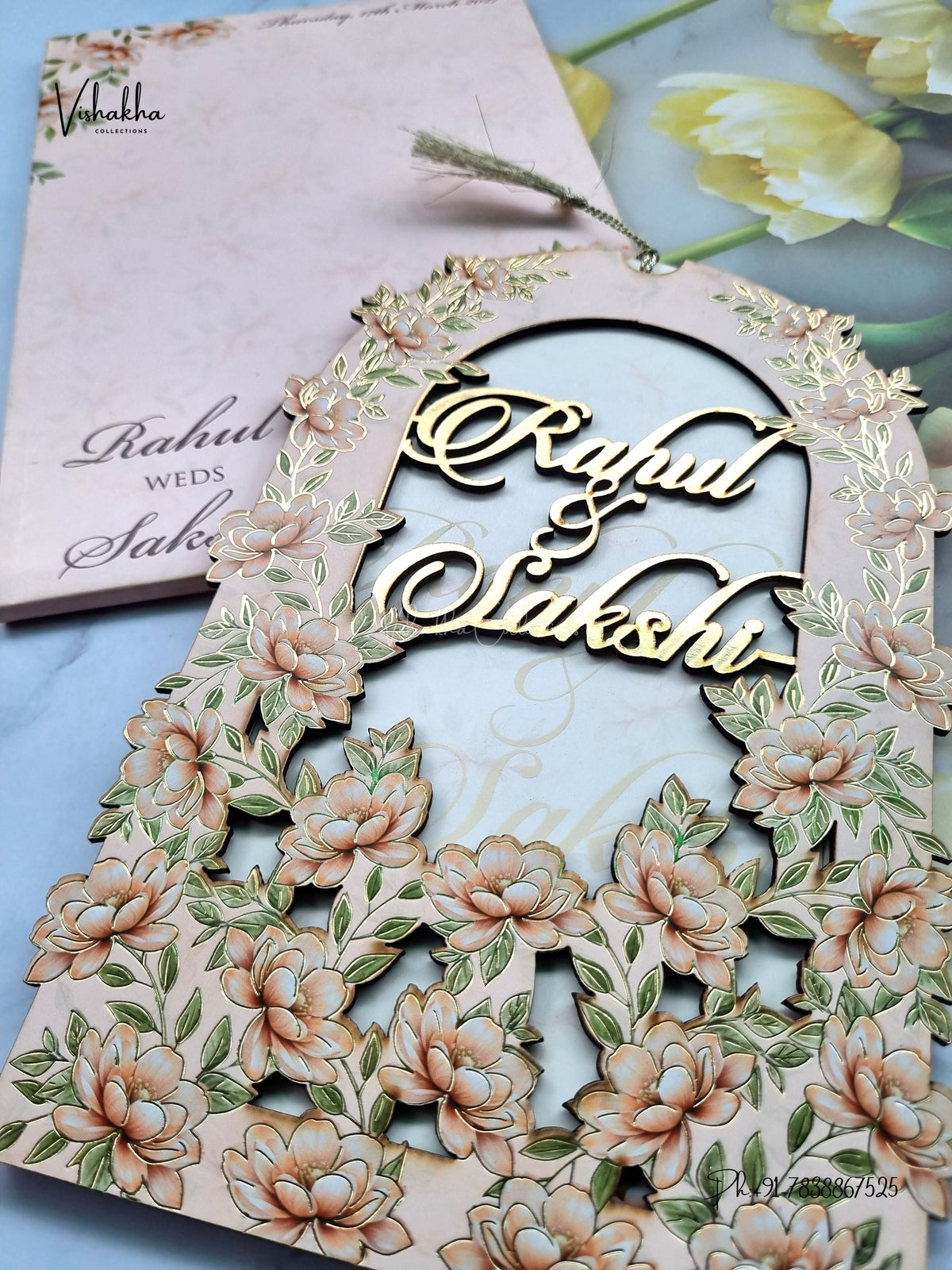 Semi Box MDF Board Laser Cut Flower Hindu Muslim Christian Sikh Jain invitation Cards SK-3605 – image 2