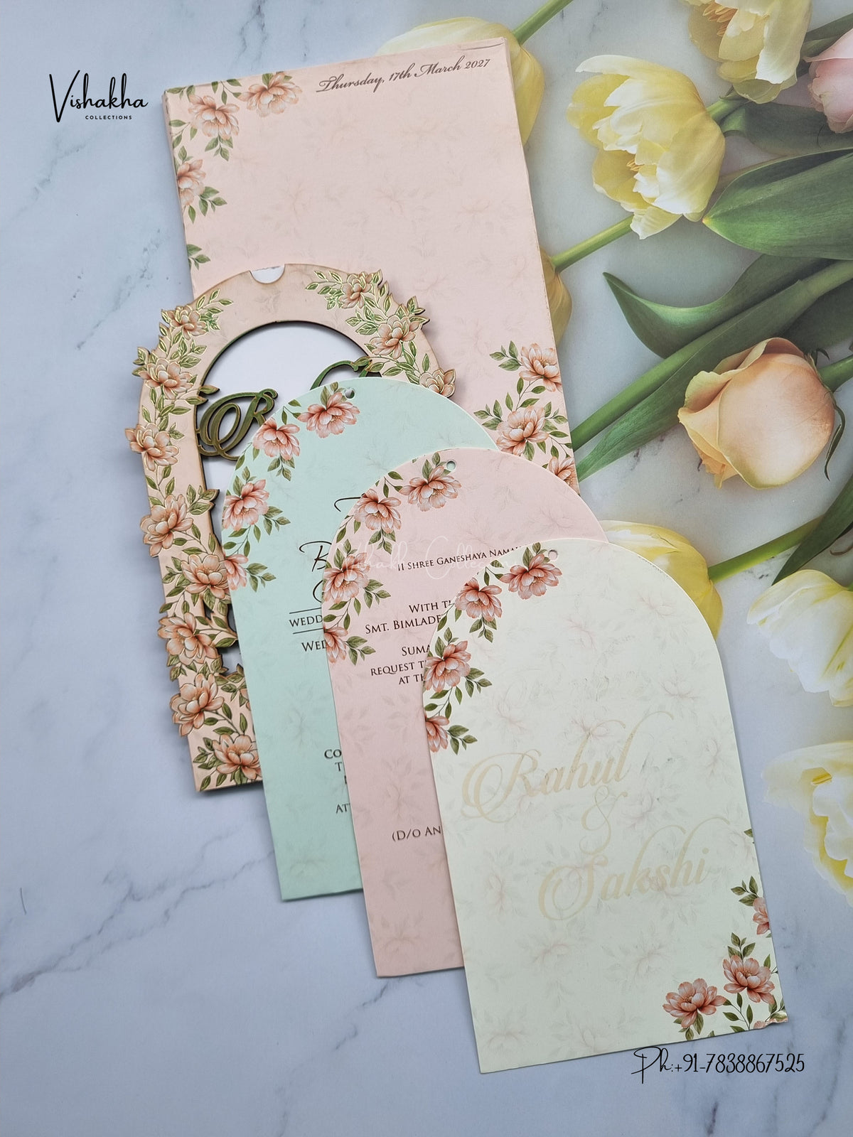 Semi Box MDF Board Laser Cut Flower Hindu Muslim Christian Sikh Jain invitation Cards SK-3605 – image 3