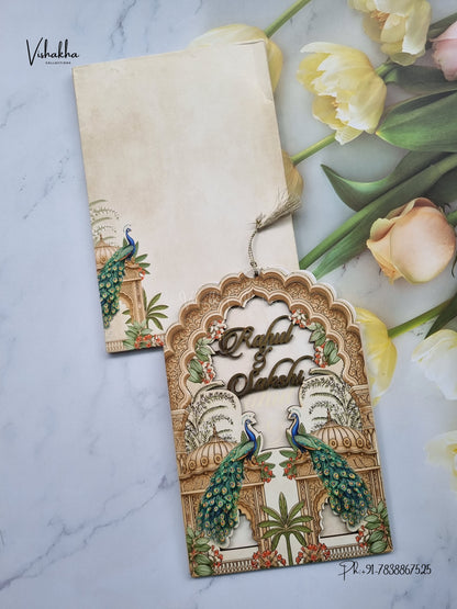 Semi Box MDF Board Laser Cut Peacock Hindu Muslim Christian Sikh Jain invitation Cards SK-3606 – image 1