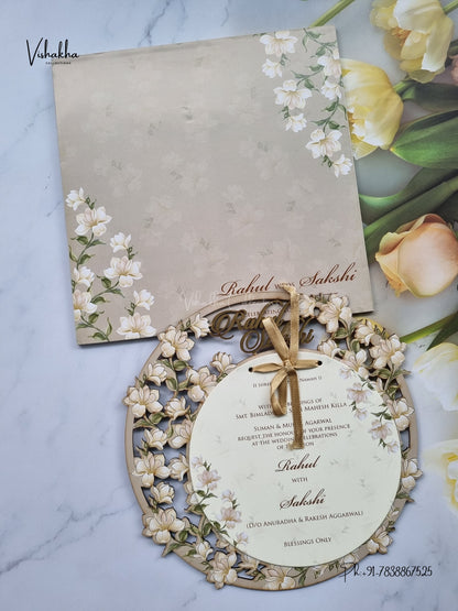 Semi Box MDF Board Laser Cut Flower Hindu Muslim Christian Sikh Jain invitation Cards SK-3607 – image 1