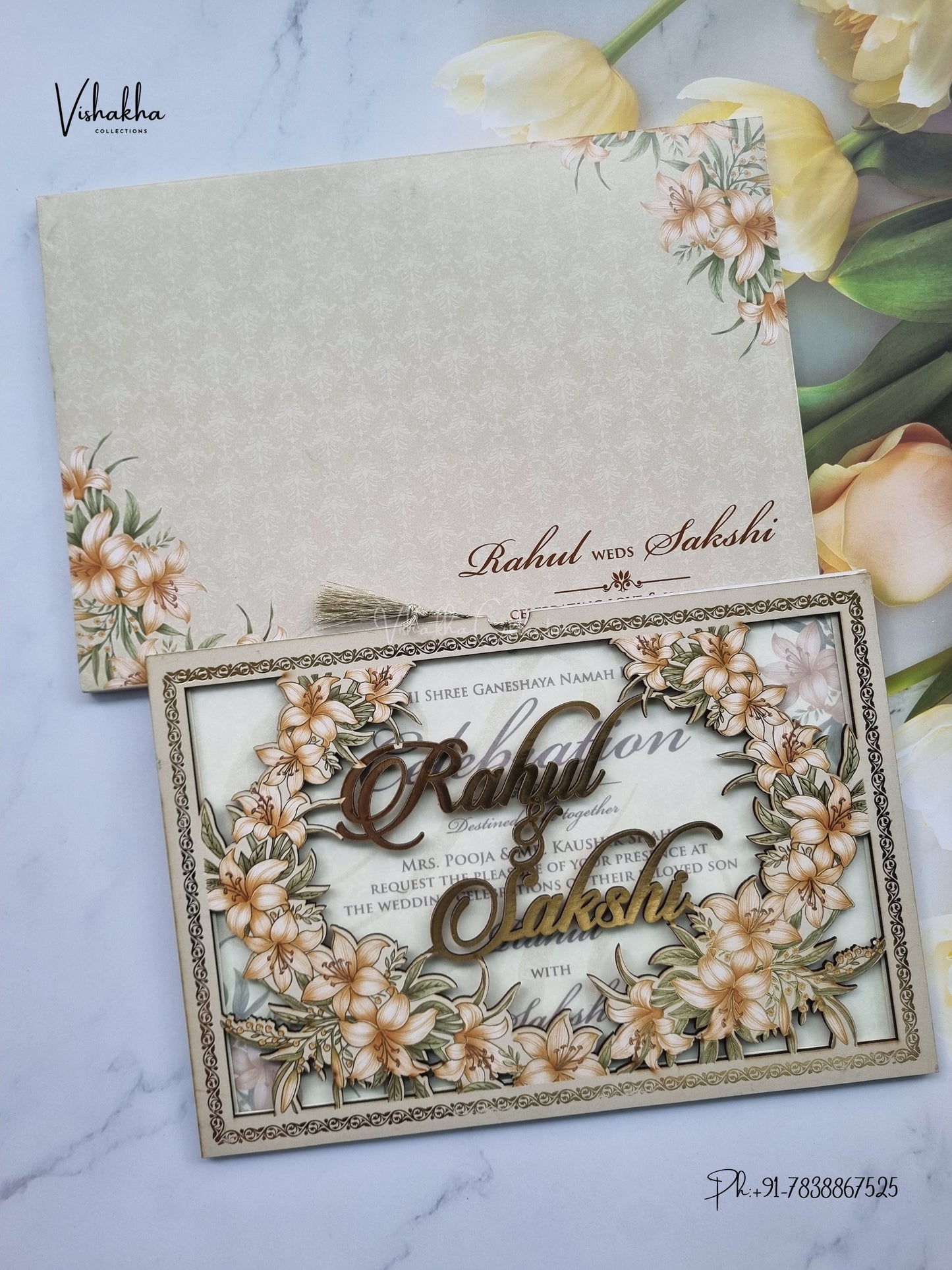 Semi Box MDF Board Laser Cut Flower Hindu Muslim Christian Sikh Jain invitation Cards SK-3608 – image 1