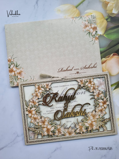 Semi Box MDF Board Laser Cut Flower Hindu Muslim Christian Sikh Jain invitation Cards SK-3608 – image 1