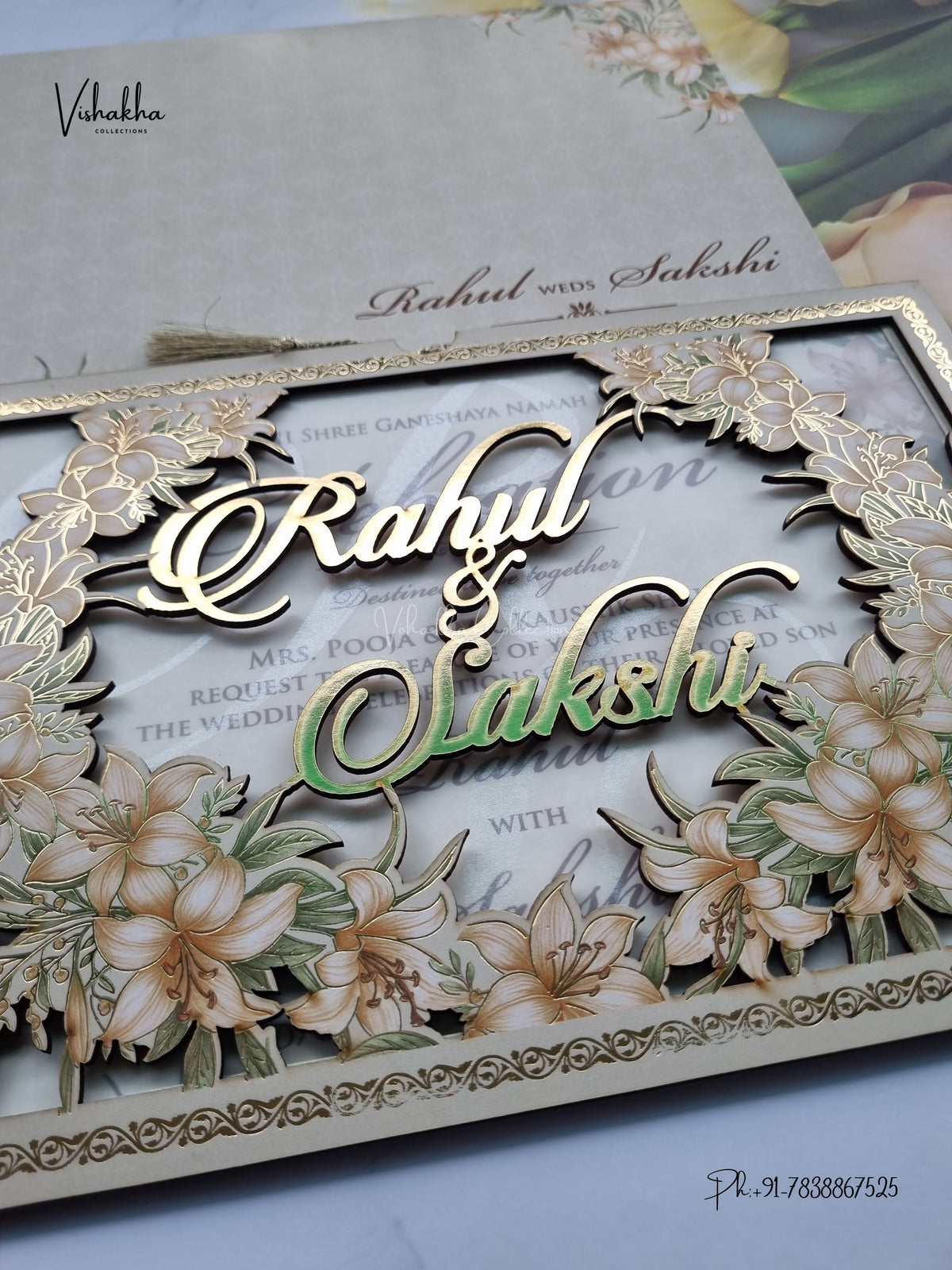 Semi Box MDF Board Laser Cut Flower Hindu Muslim Christian Sikh Jain invitation Cards SK-3608 – image 2