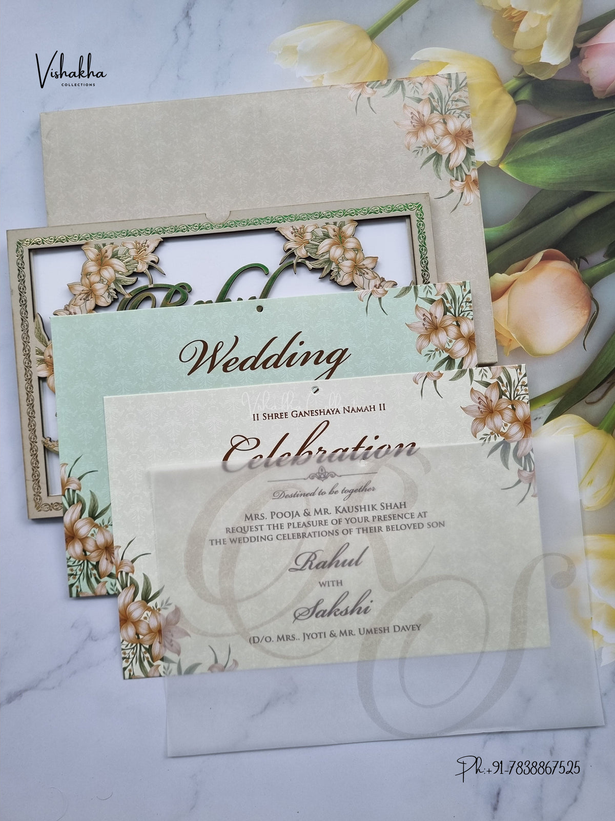 Semi Box MDF Board Laser Cut Flower Hindu Muslim Christian Sikh Jain invitation Cards SK-3608 – image 3
