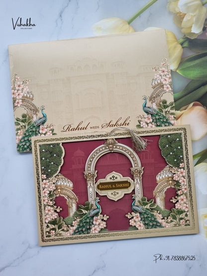 Semi Box MDF Board Laser Cut Peacock Hindu Muslim Christian Sikh Jain invitation Cards SK-3609 – image 1