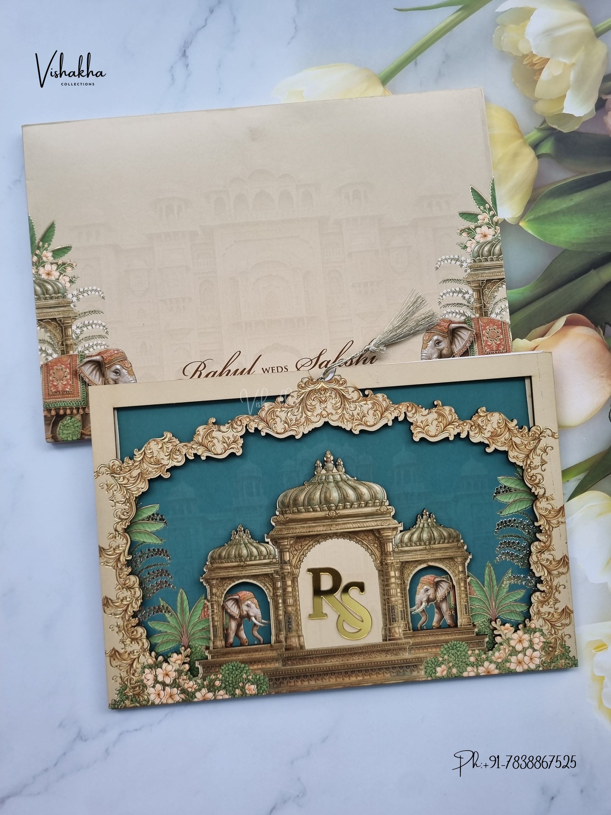 Semi Box MDF Board Laser Cut Raj Mahal Hathi Hindu Muslim Christian Sikh Jain invitation Cards SK-3610 – image 1