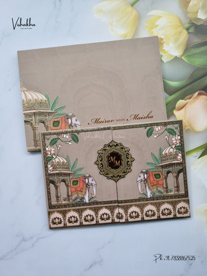 Semi Box Padded Double Door Hathi Hindu Muslim Christian Sikh Jain invitation Cards SK-3611 – image 1