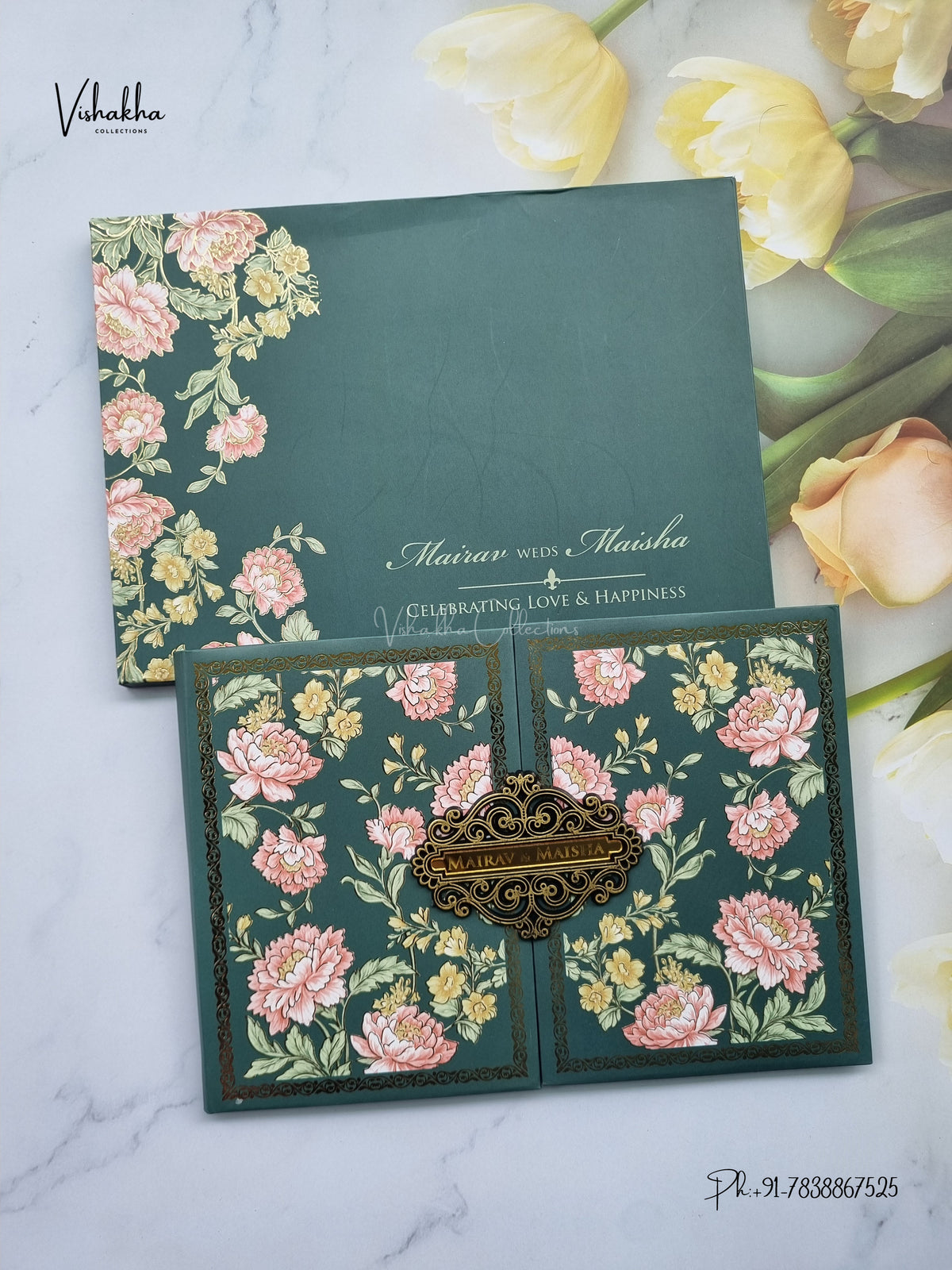 Semi Box Padded Double Door Flower Hindu Muslim Christian Sikh Jain invitation Cards SK-3612 – image 1