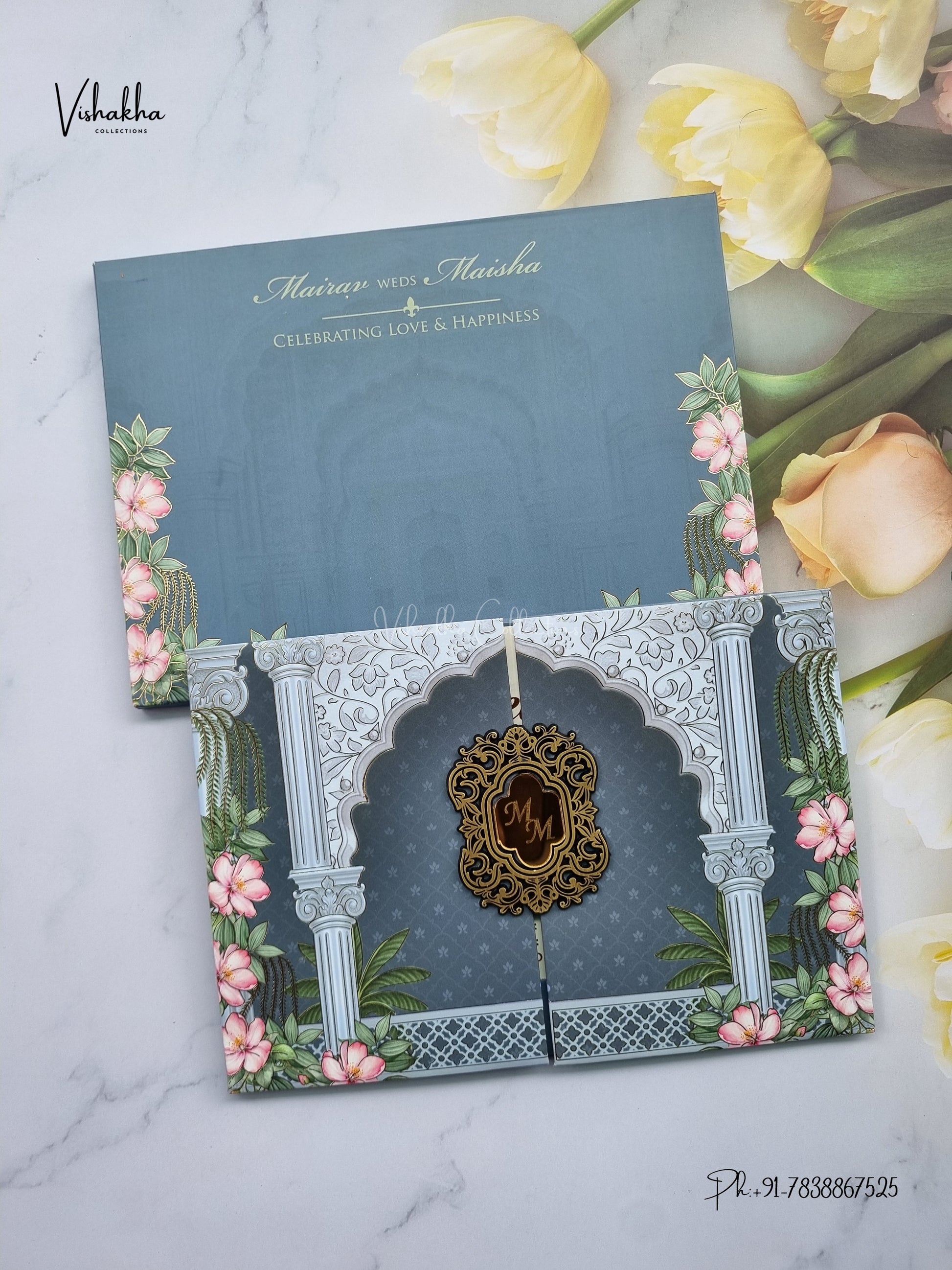Semi Box Padded Double Door Flower Hindu Muslim Christian Sikh Jain invitation Cards SK-3613 – image 1