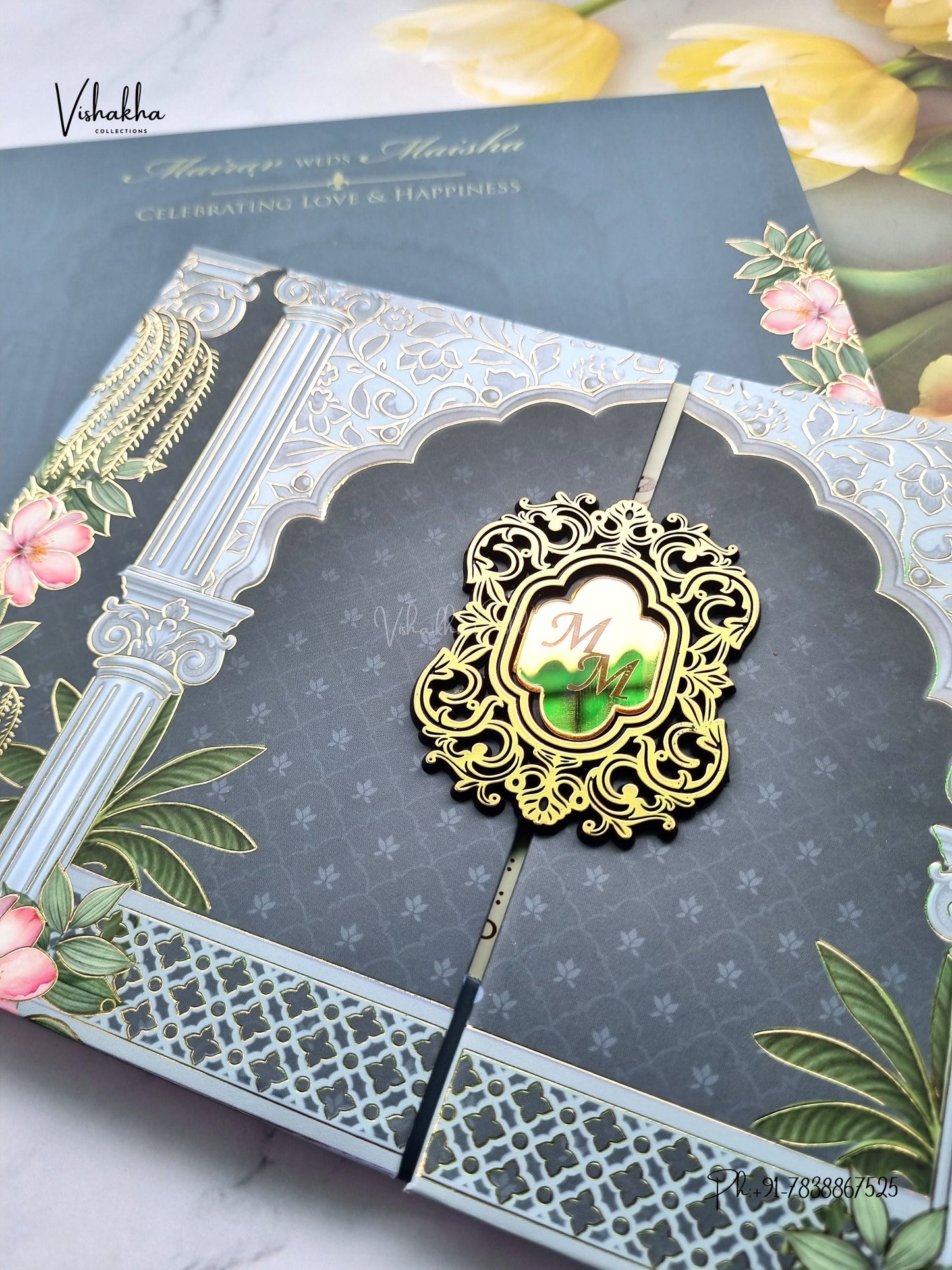 Semi Box Padded Double Door Flower Hindu Muslim Christian Sikh Jain invitation Cards SK-3613 – image 2